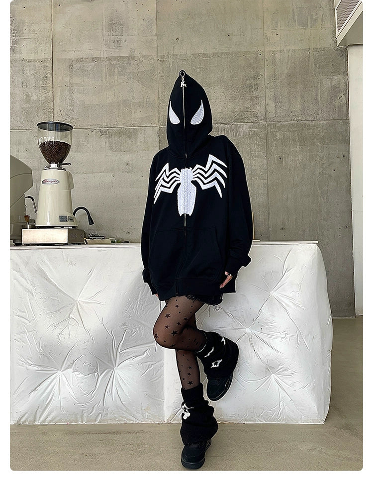 Venom Spider Hoodie - 400GSM Oversized Black and White Zip-Up Sweatshirt for Superhero Fans