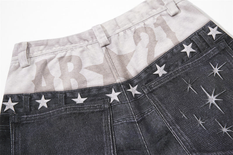 Wide-Leg Distressed Jeans with Faux Double Waistband & Star Detail