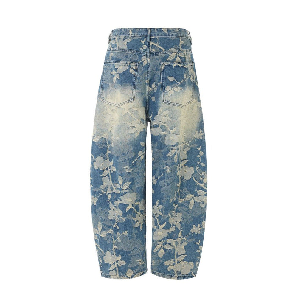 Floral Jacquard Wide-Leg Jeans – Vintage Washed Baggy Denim with Raised Flower