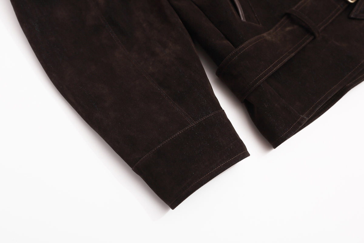 Dark Brown Suede Moto Jacket – Snap Button Stand Collar Belted Harrington