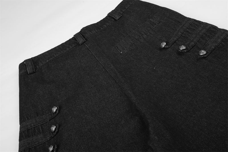 Close-up of black denim back waist with side button details and belt loops