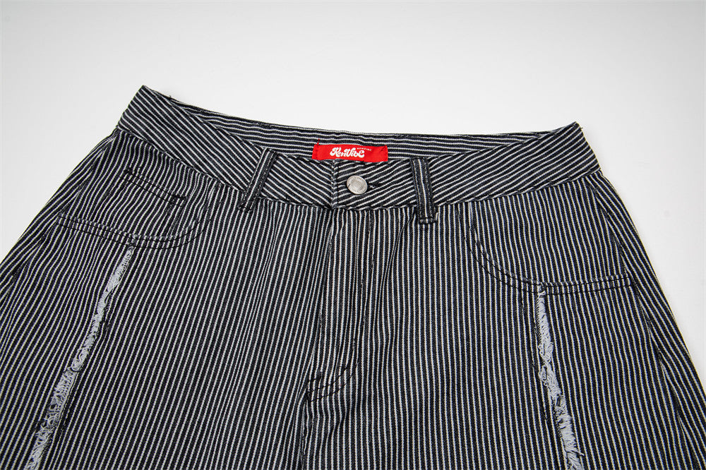 Men's Striped Wide-Leg Jeans with Frayed Deconstructed Seams