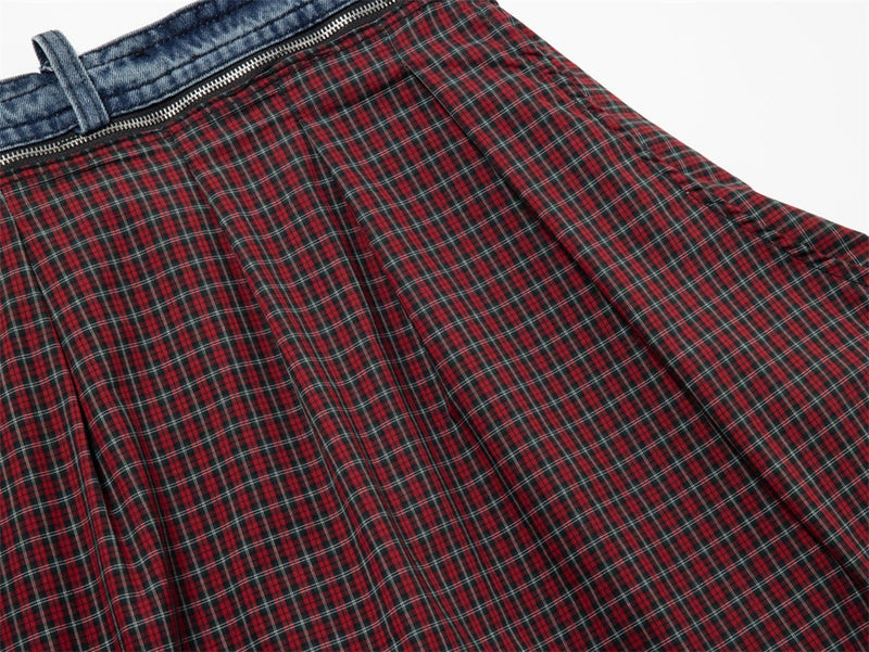 Wide-Leg Baggy Jeans with Detachable Plaid Skirt Overlay — Men's Punk Street