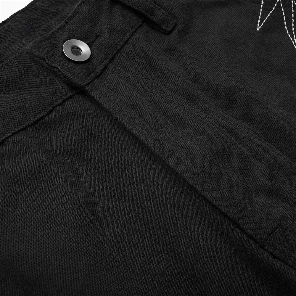 Schwarze Wide-Leg-Hose für Herren – Flammen- und Sternstickerei mit Nieten, gerade geschnitten