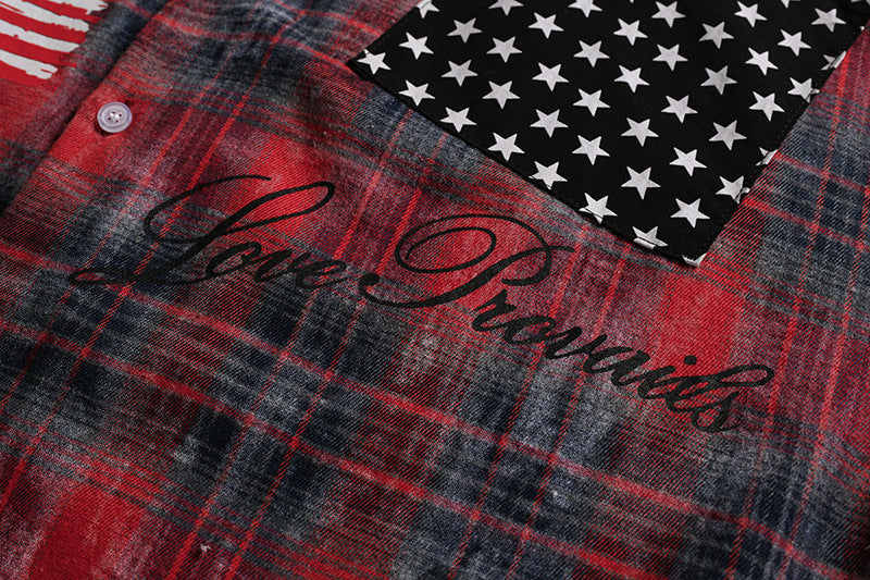 Washed Plaid Long Sleeve Shirt with American Flag Patchwork – Oversized
