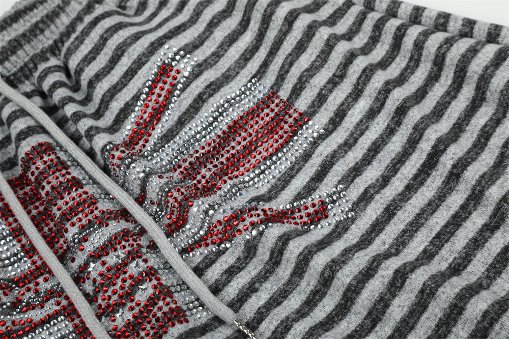 Wide-Leg Striped Cargo Pants with Union Jack Rhinestone Detail