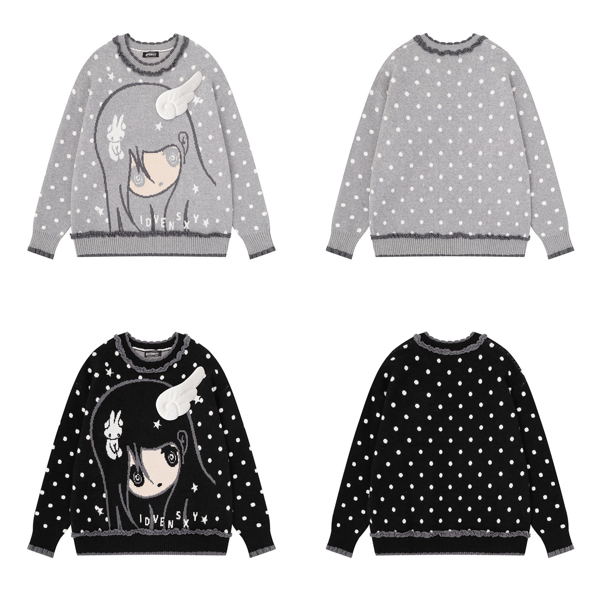 Anime Girl Jacquard Knit Sweater with 3D Angel Wing Patch & Polka Dot Print