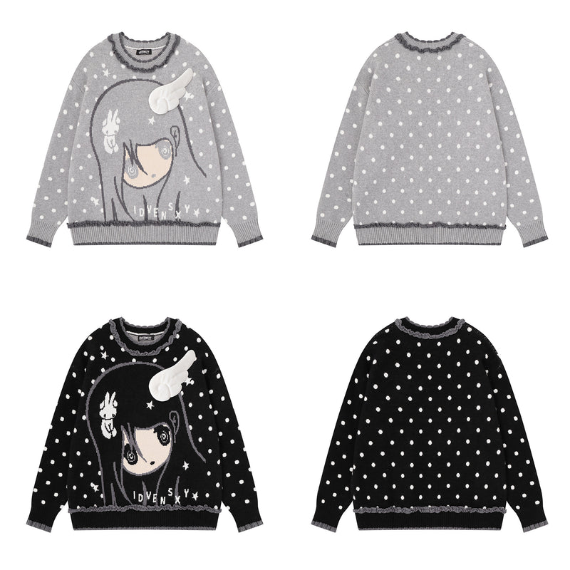Anime Girl Jacquard Knit Sweater with 3D Angel Wing Patch & Polka Dot Print
