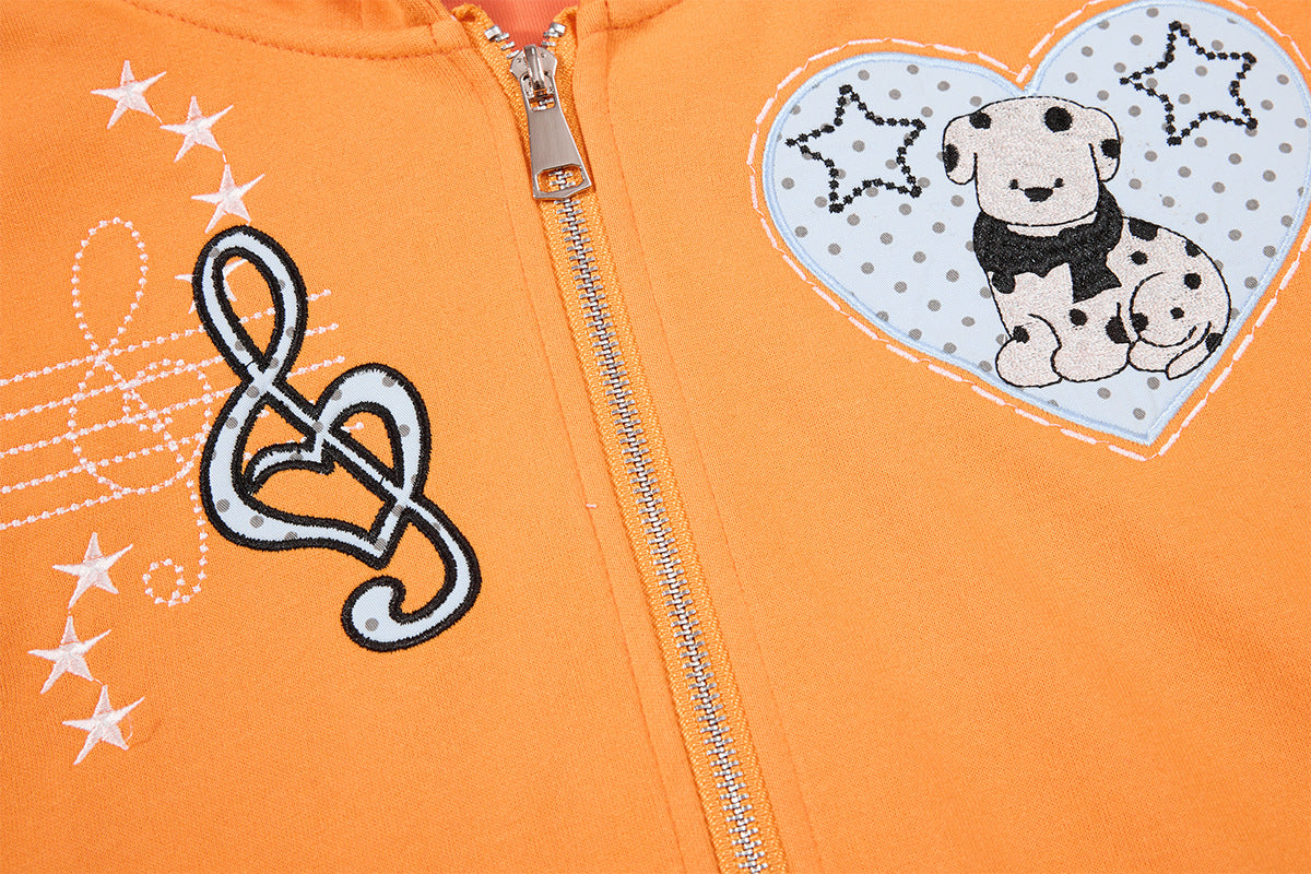 Sweat à capuche graphique bleu marine – Sweat cropped zippé avec écusson chien cartoon