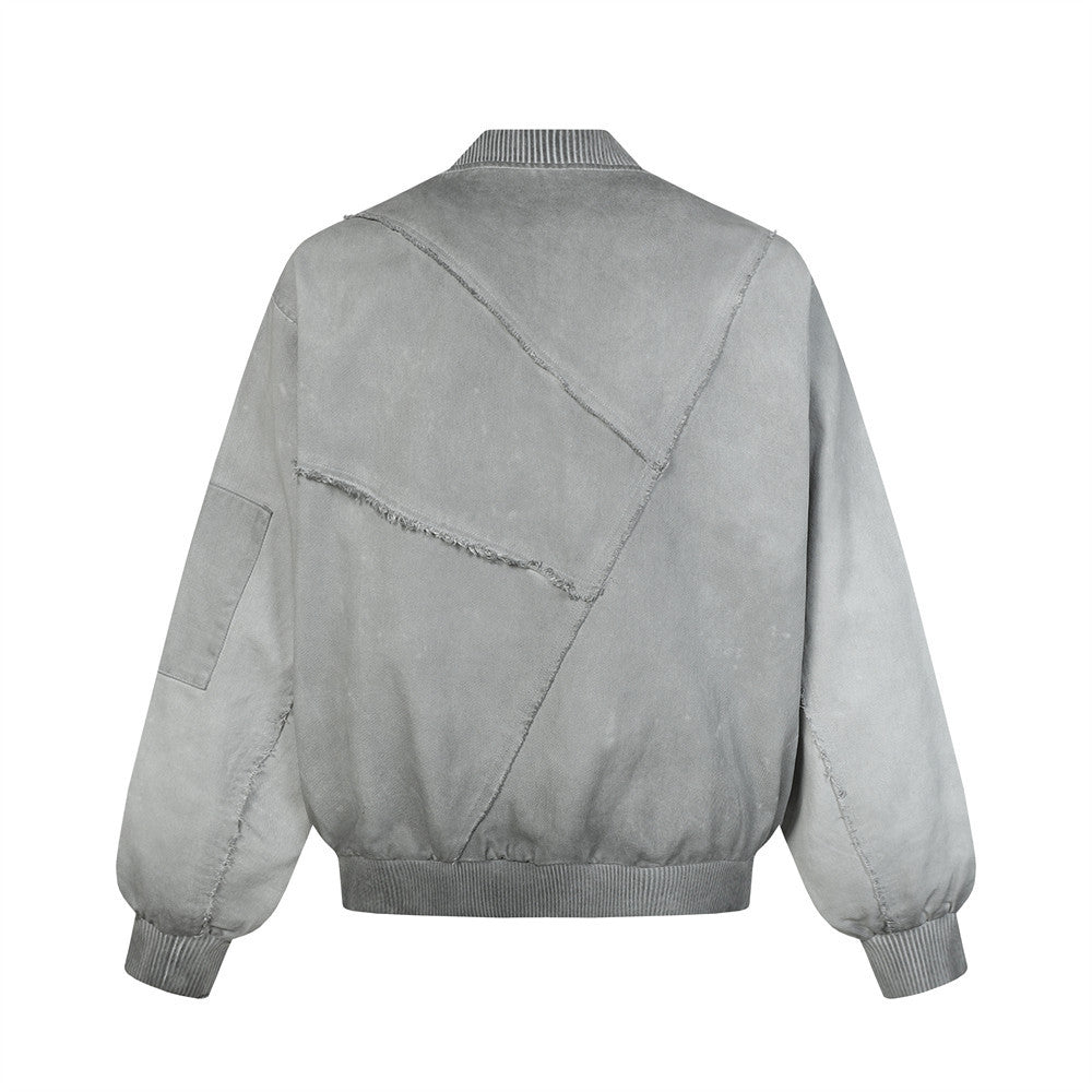 Blouson bomber déconstruit en patchwork – Toile délavée et coutures brutes