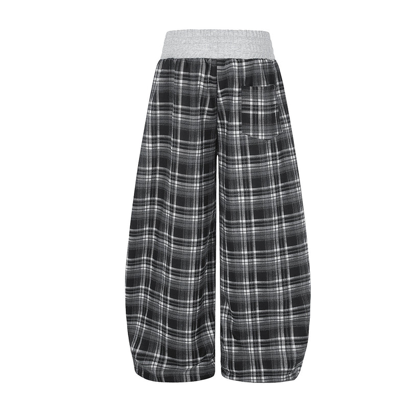 Plaid Wide-Leg Sweatpants with Drawstring Waist & Script Graphic