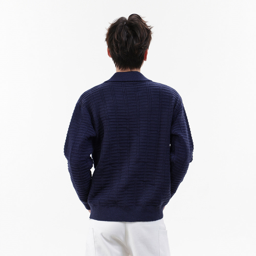 Polo-pull homme en maille texturée – Pull col boutonné à manches longues