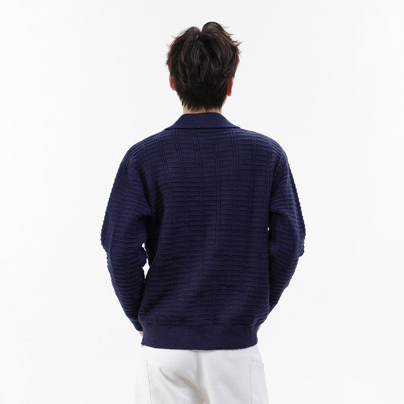 Polo-pull homme en maille texturée – Pull col boutonné à manches longues