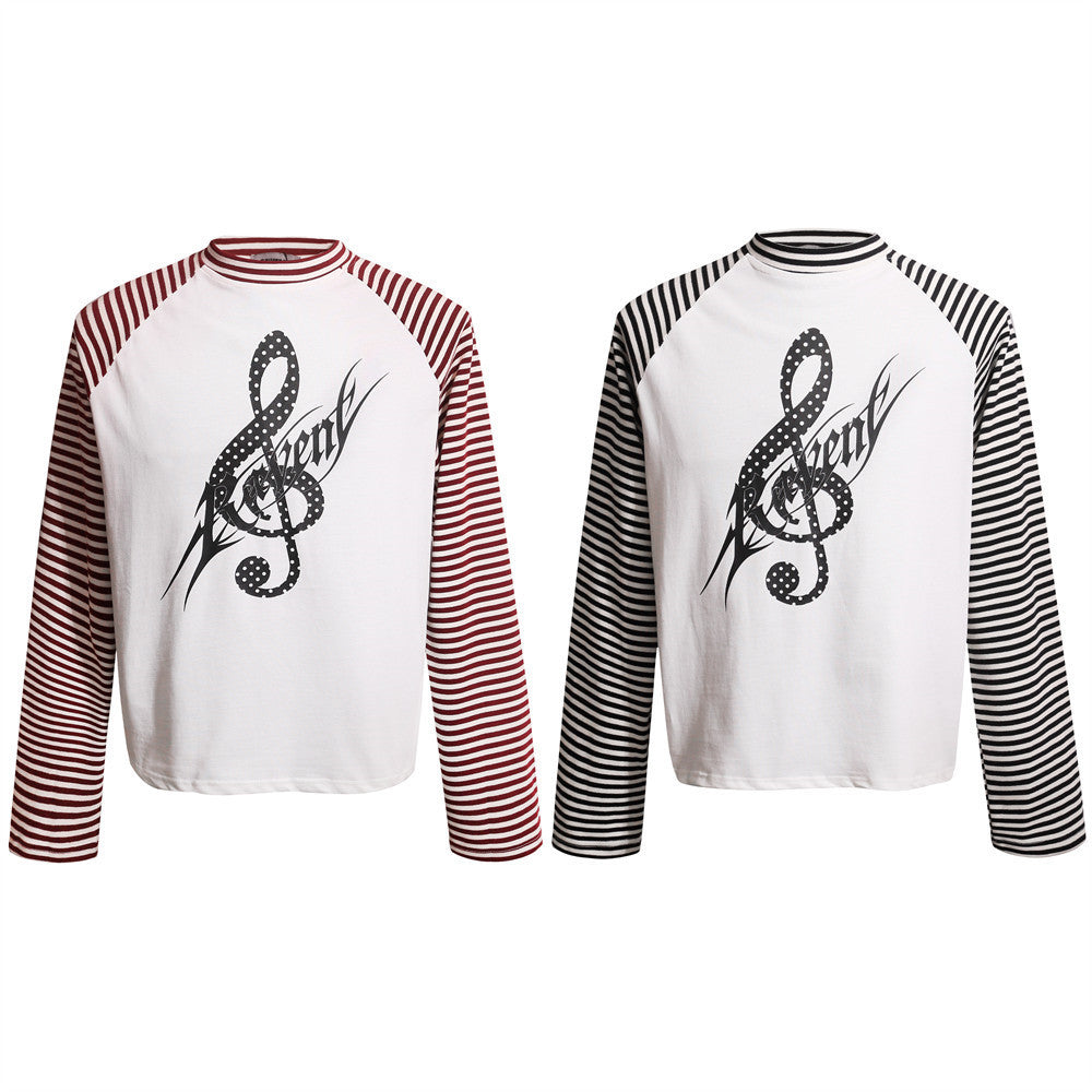 Men's Striped Raglan Long-Sleeve Tee with Music Note Graphic Print