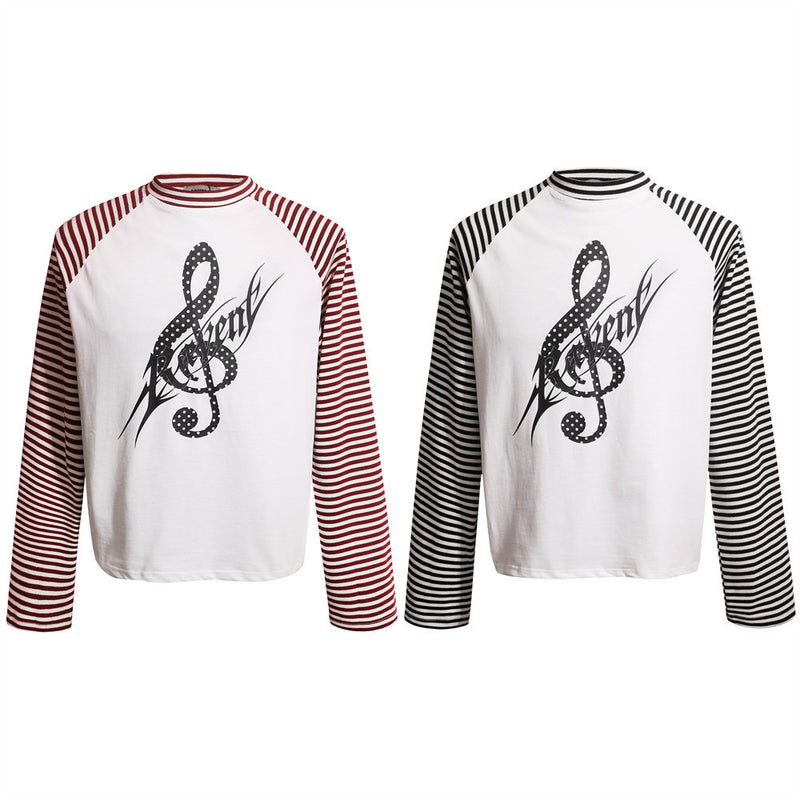Men's Striped Raglan Long-Sleeve Tee with Music Note Graphic Print