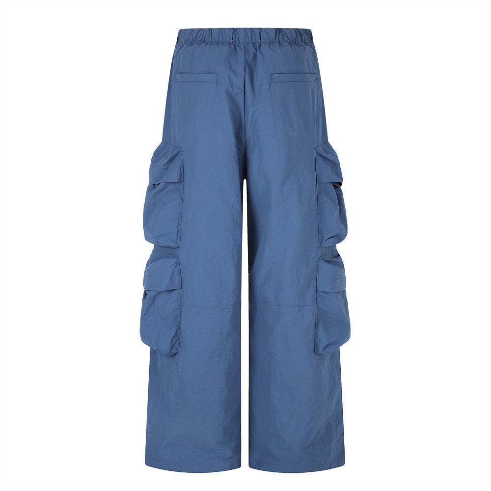Wide-Leg Cargo Pants with Multi-Pocket Design & Letter Print Waistband