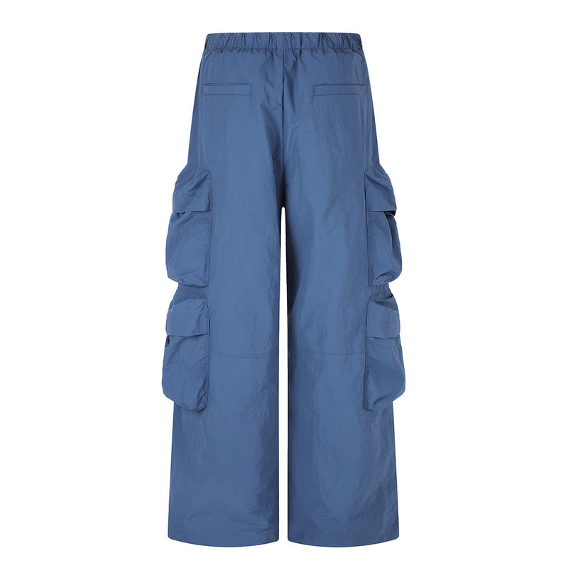 Wide-Leg Cargo Pants with Multi-Pocket Design & Letter Print Waistband