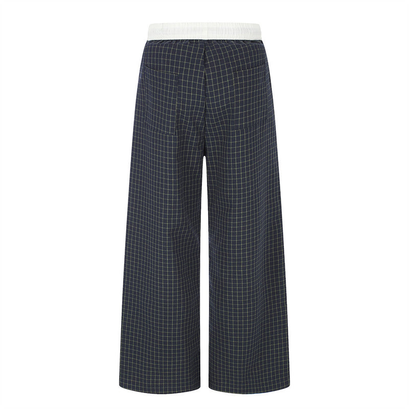 Plaid Wide-Leg Pants – Contrast Elastic Waistband, Relaxed Fit