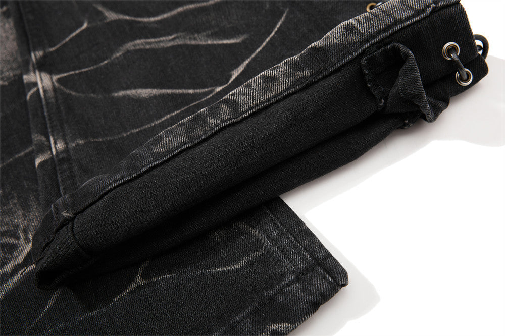 Men's Bell Bottom Jeans – Black Acid Wash Flare Leg with Lace-Up Hem & Button