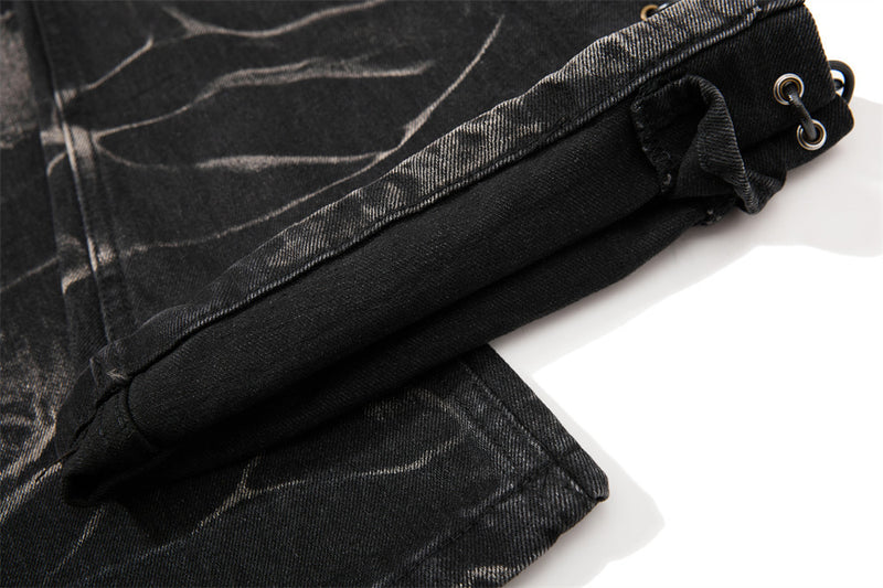 Men's Bell Bottom Jeans – Black Acid Wash Flare Leg with Lace-Up Hem & Button