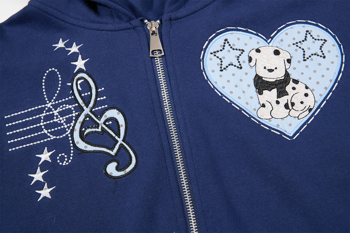 Sweat à capuche graphique bleu marine – Sweat cropped zippé avec écusson chien cartoon