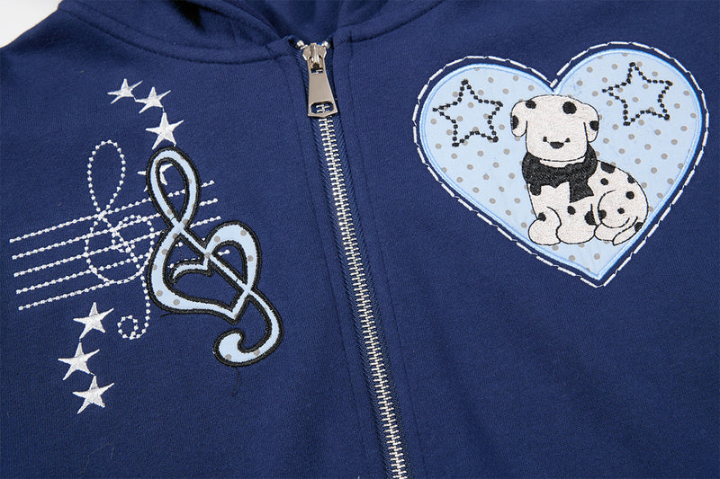 Sweat à capuche graphique bleu marine – Sweat cropped zippé avec écusson chien cartoon