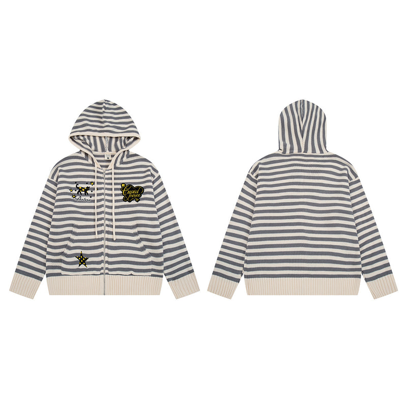 Y2K-Kapuzenjacke mit Reißverschluss – gestreifte Strickjacke mit Katzen- und Sternenstickerei