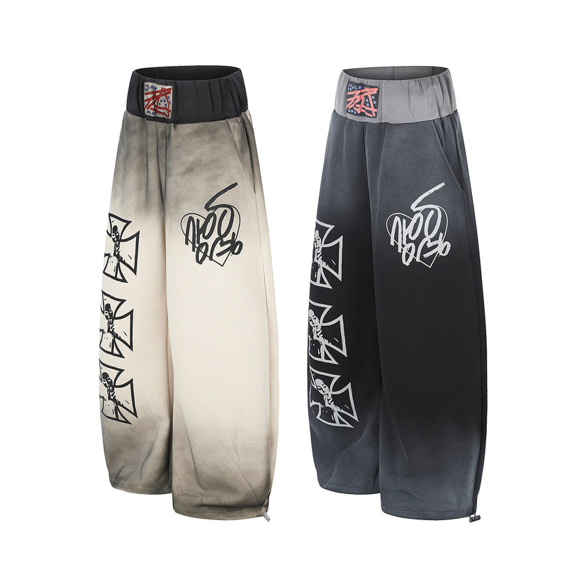 Wide-Leg Sweatpants with Iron Cross Graffiti Print – Washed Streetwear Baggy