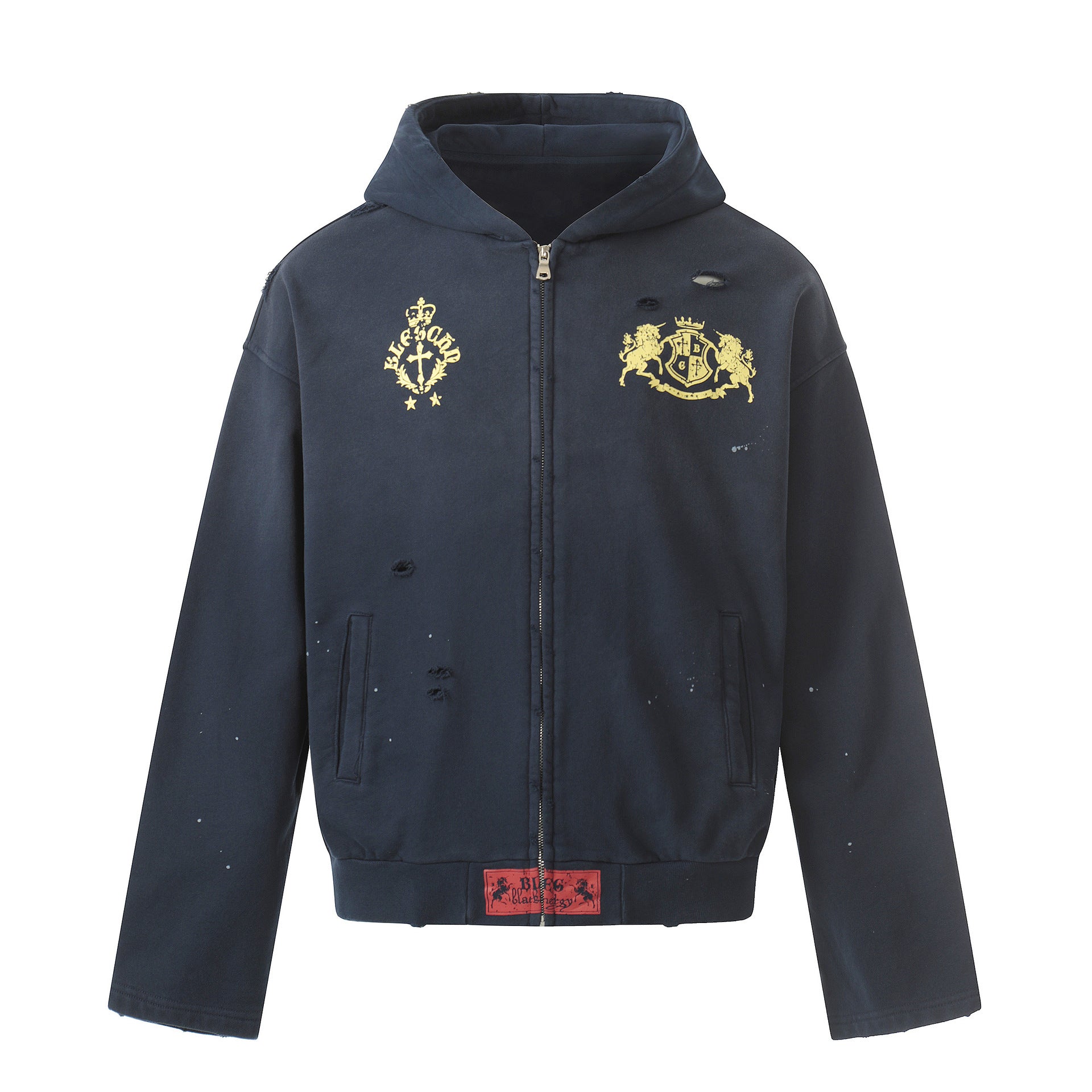 Distressed-Zip-Hoodie mit goldenem Wappenprint – Navy