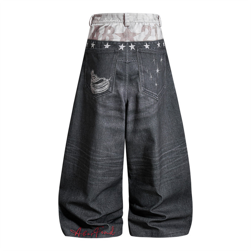 Wide-Leg Distressed Jeans with Faux Double Waistband & Star Detail