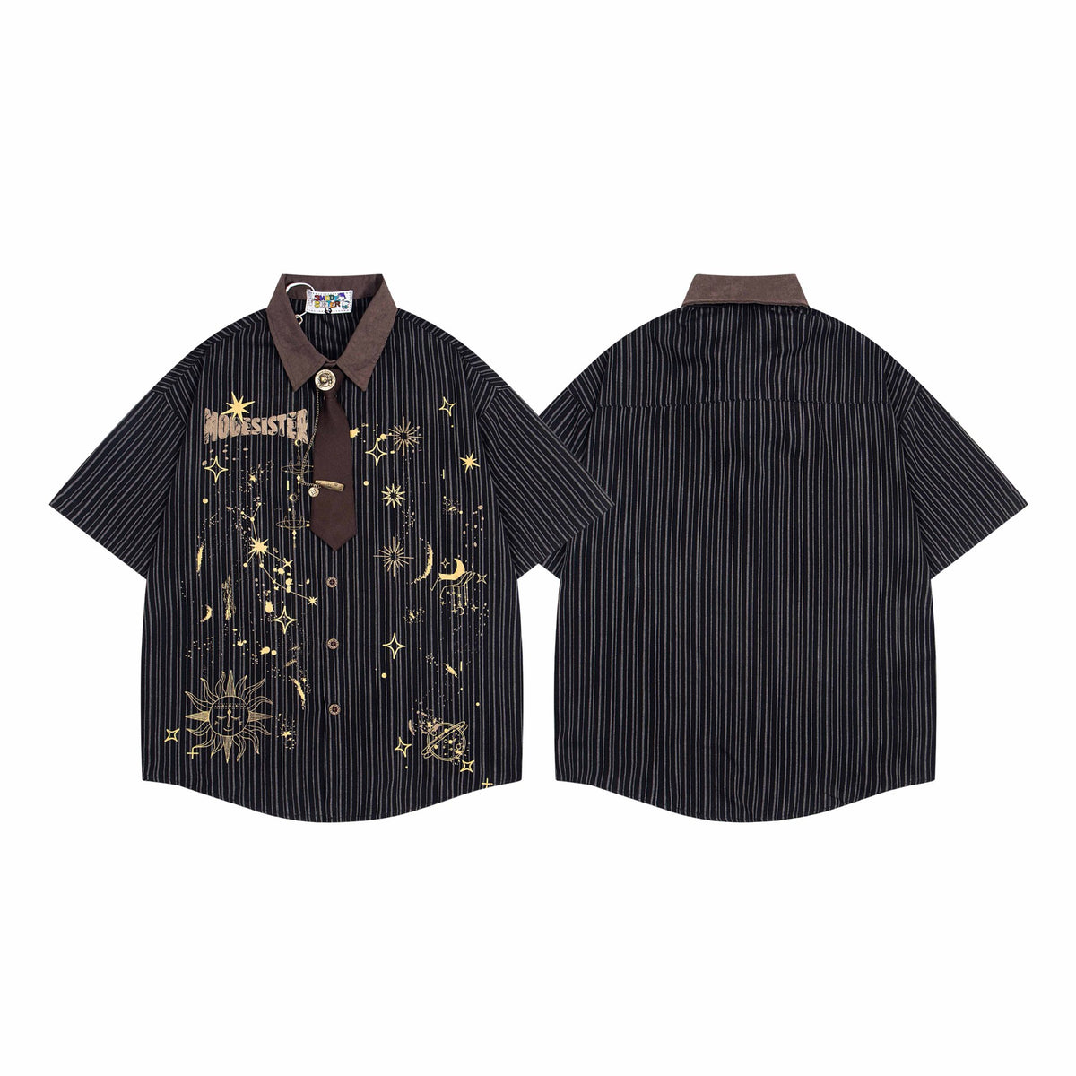 Camisa de vestir de manga corta – Estampado celestial de galaxia, raya diplomática con mini corbata incorporada