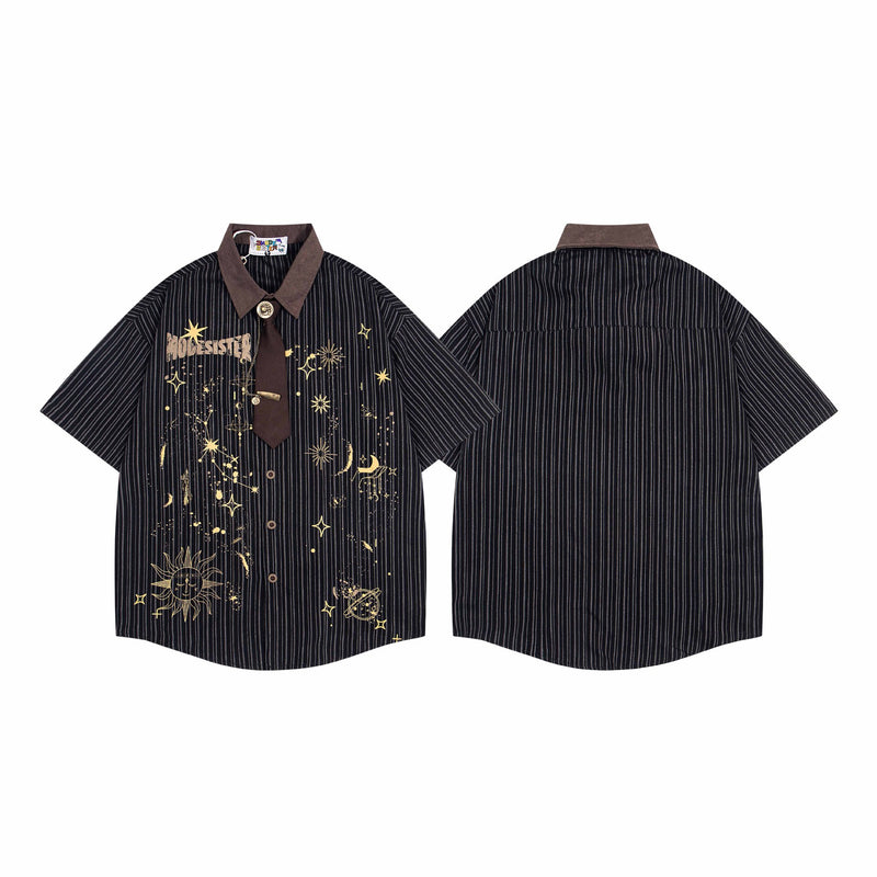 Camisa de vestir de manga corta – Estampado celestial de galaxia, raya diplomática con mini corbata incorporada