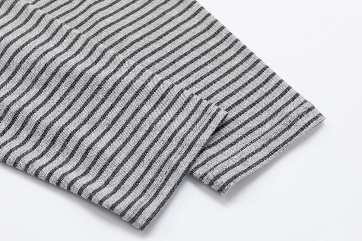 Faux Two-Piece Polo Sweatshirt with Striped Sleeves and Letter Print — Grey