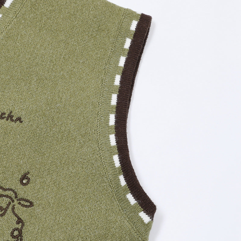 V-Neck Knit Sweater Vest with Sheep Jacquard Graphic — Retro College Style