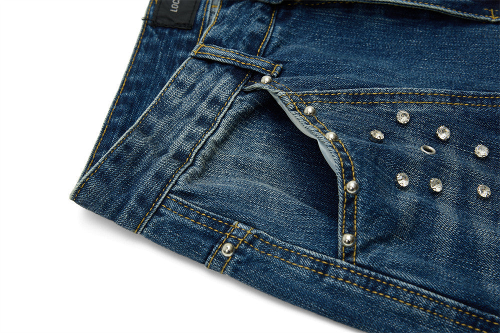 Men's Baggy Black Jeans Wide-Leg Rivet Punk Washed Denim Pants
