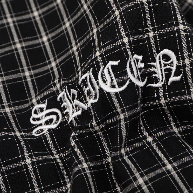 Plaid Long Sleeve Shirt – Graffiti Print & Old English Embroidery, Oversized Fit
