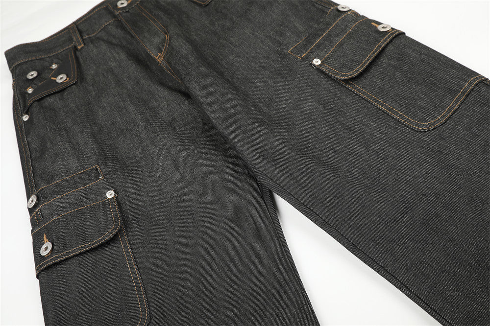 Raw Denim Cargo Wide-Leg Jeans – Multi-Pocket Straight Fit