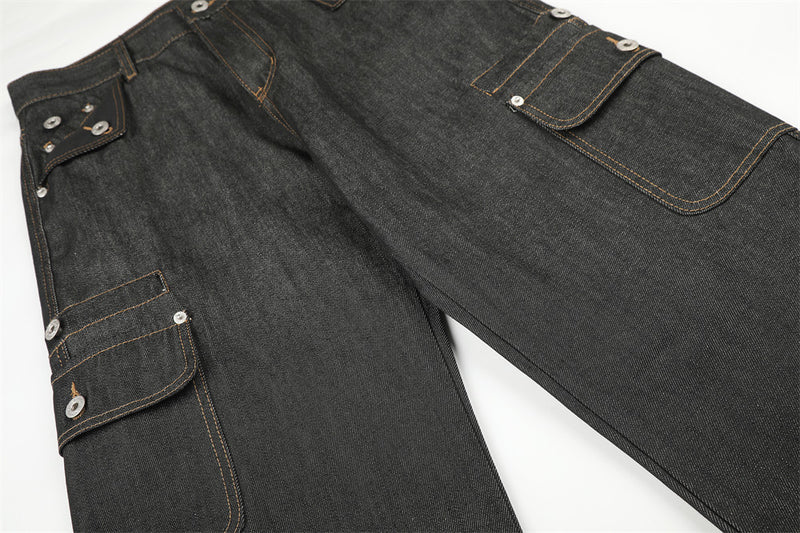 Raw Denim Cargo Wide-Leg Jeans – Multi-Pocket Straight Fit