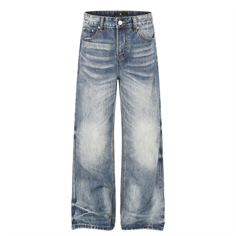 Herrenjeans mit weitem, geradem Bein aus gewaschenem blauem Vintage-Denim mit Used-Details, Vorder- und Rückansicht