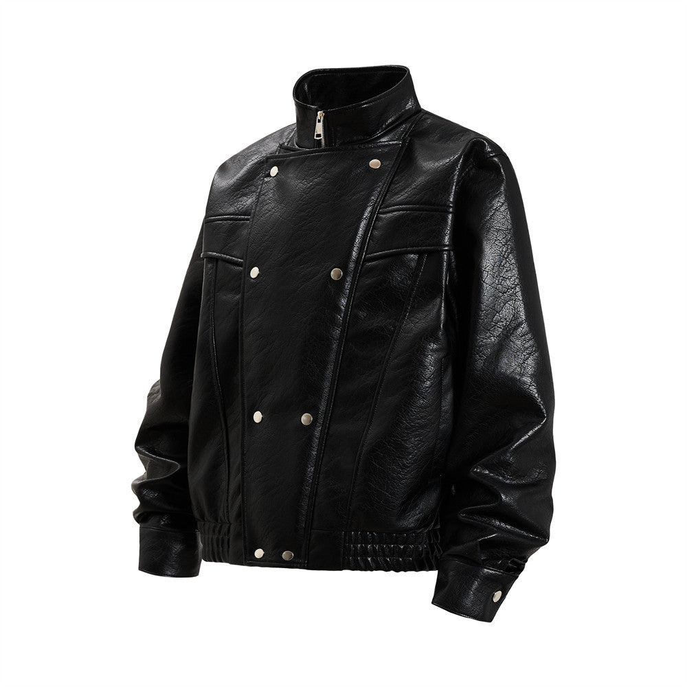 Men's Oversized PU Leather Bomber Jacket – Stand Collar Double-Breasted Snap