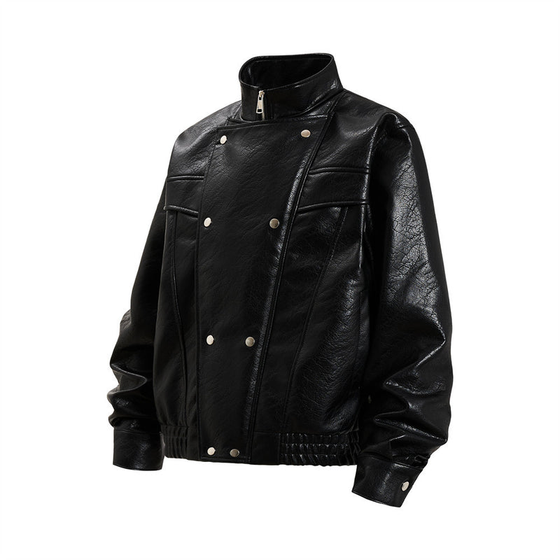 Men's Oversized PU Leather Bomber Jacket – Stand Collar Double-Breasted Snap