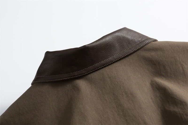 Men's Pleated Bomber Jacket with PU Leather Collar — Relaxed Fit Workwear Flight