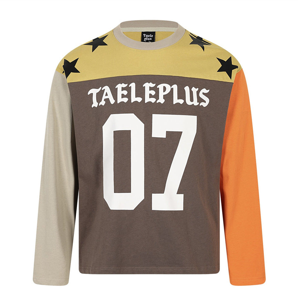 Taeleplus 07 colorblock long sleeve t-shirt with star print yoke, orange and beige sleeves, and camo back panel