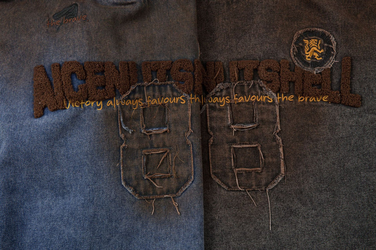 Washed Denim Hoodie Jacket – Boxy Fit with Embroidered Appliqué