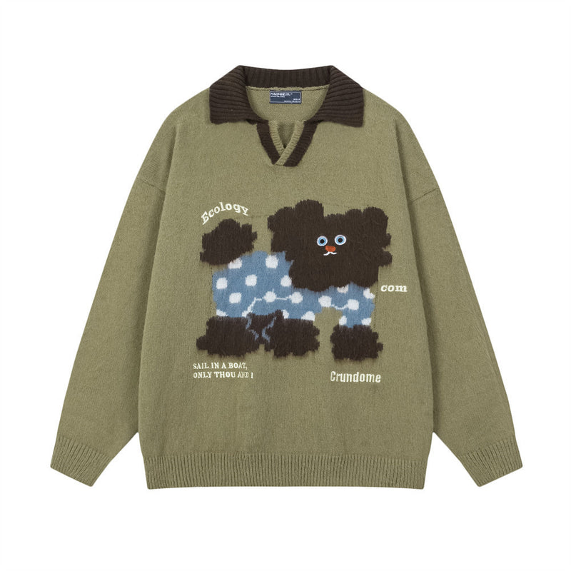Oversize-Strickpullover mit Cartoon-Hund, Colorblock-Polokragen und langen Ärmeln für Herren