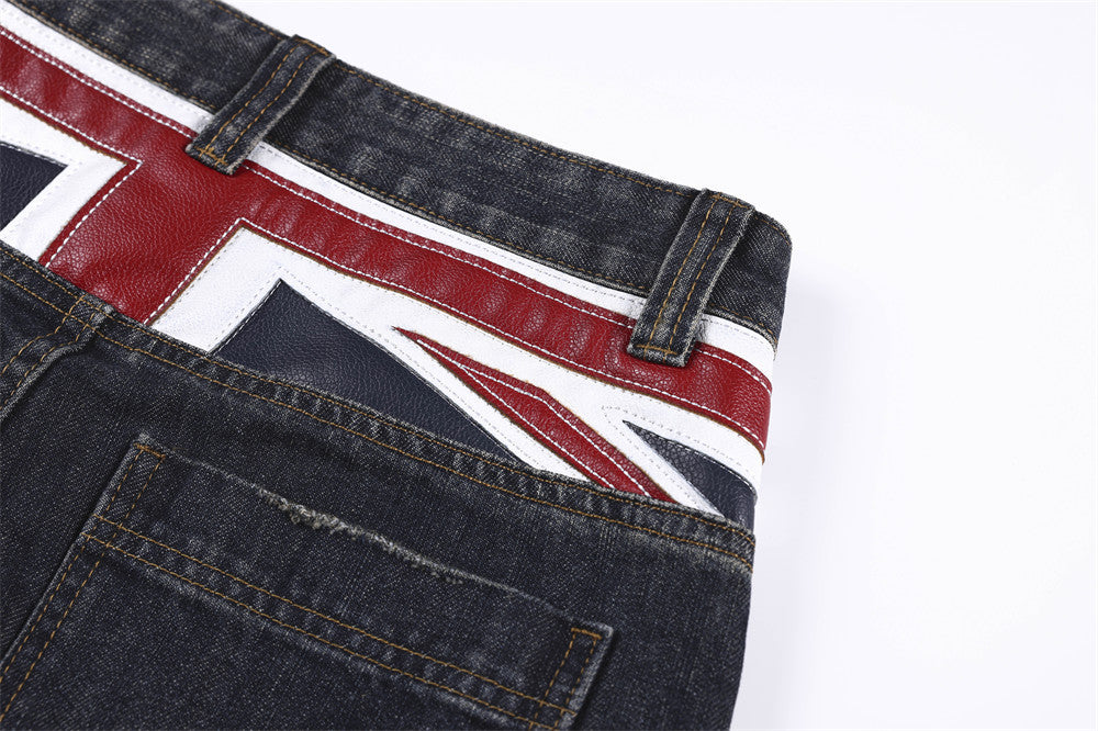Wide-Leg Jeans with Union Jack Leather Waistband Detail