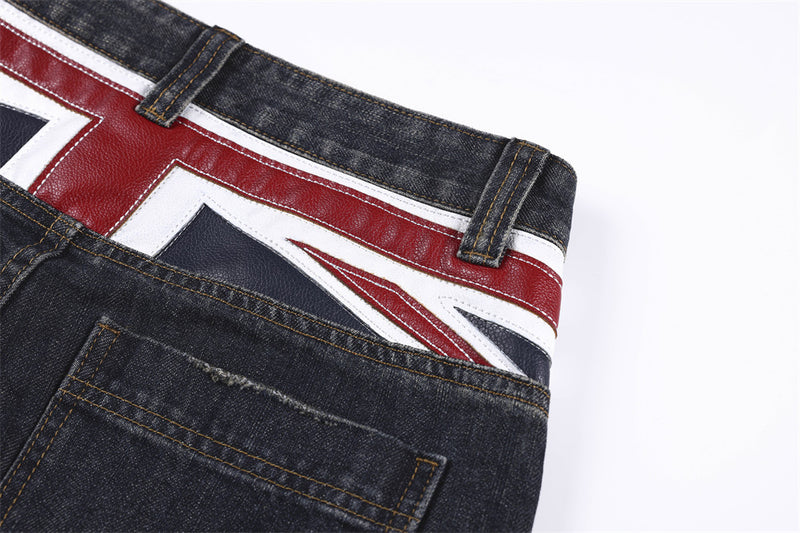 Wide-Leg Jeans with Union Jack Leather Waistband Detail