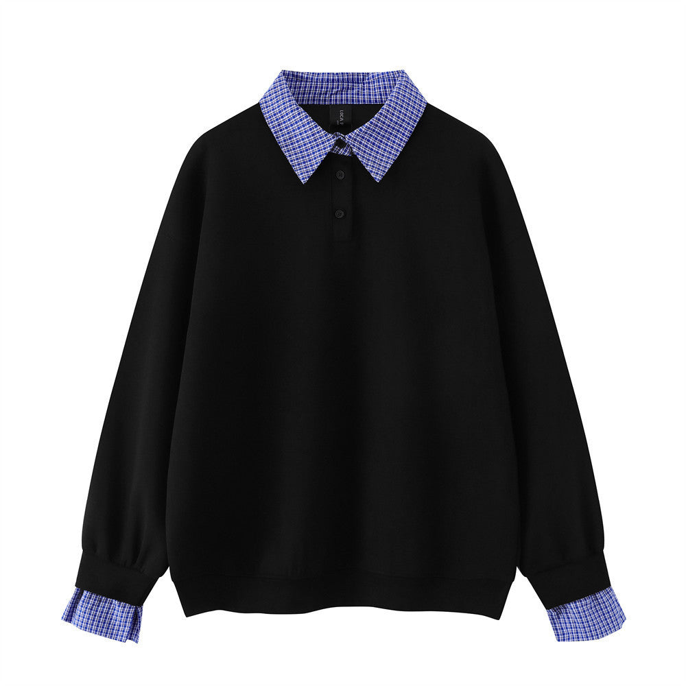 Men's black pullover sweatshirt with blue plaid polo collar and matching plaid cuffs, relaxed fit faux-layered design