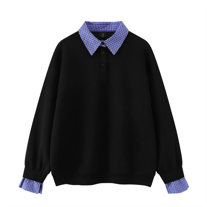 Men's black pullover sweatshirt with blue plaid polo collar and matching plaid cuffs, relaxed fit faux-layered design
