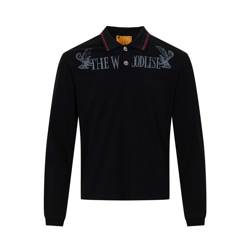 The Woodlise Langarm-Poloshirt – Adler-Grafikprint, Retro-Campus-Style